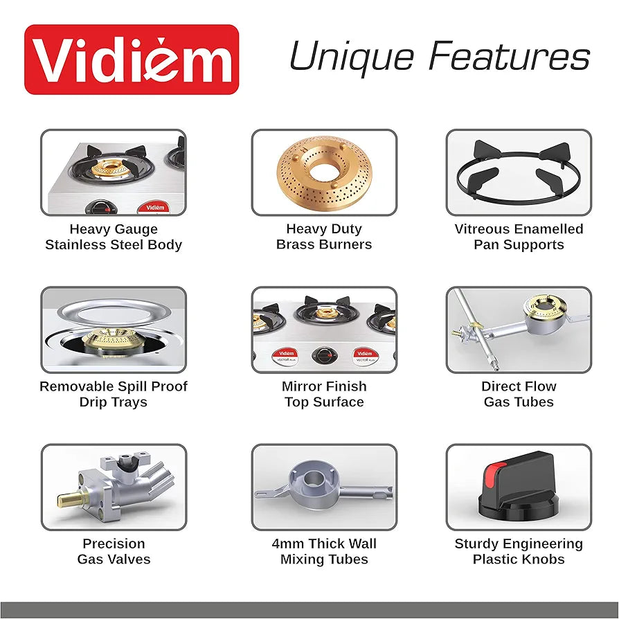 VIDIEM SS GAS STOVE 3BURNER -VECTOR NERO