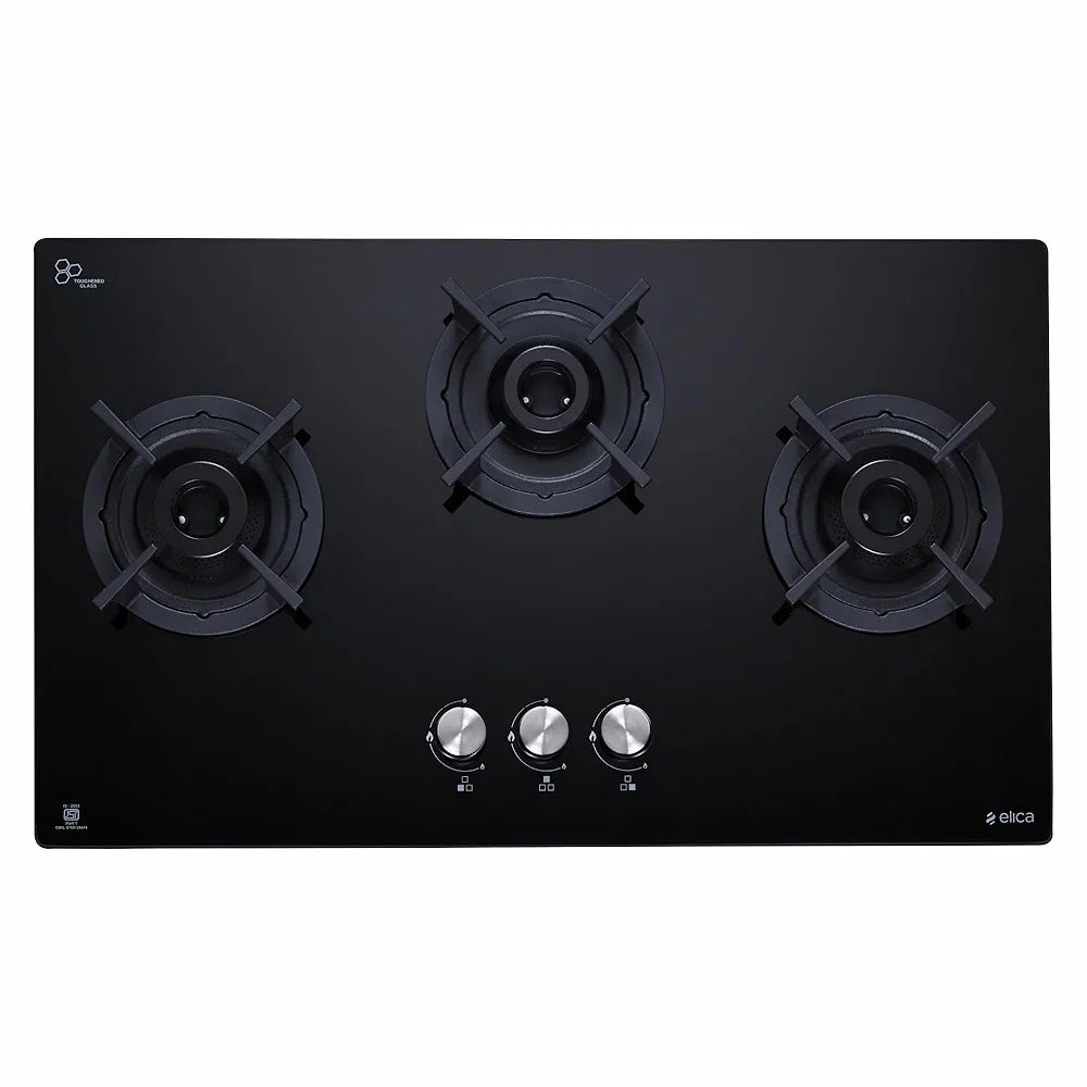 ELICA GLASSTOP 3BURNER HOB HCT 375 DX LOTUS BLACK RG FLEXI