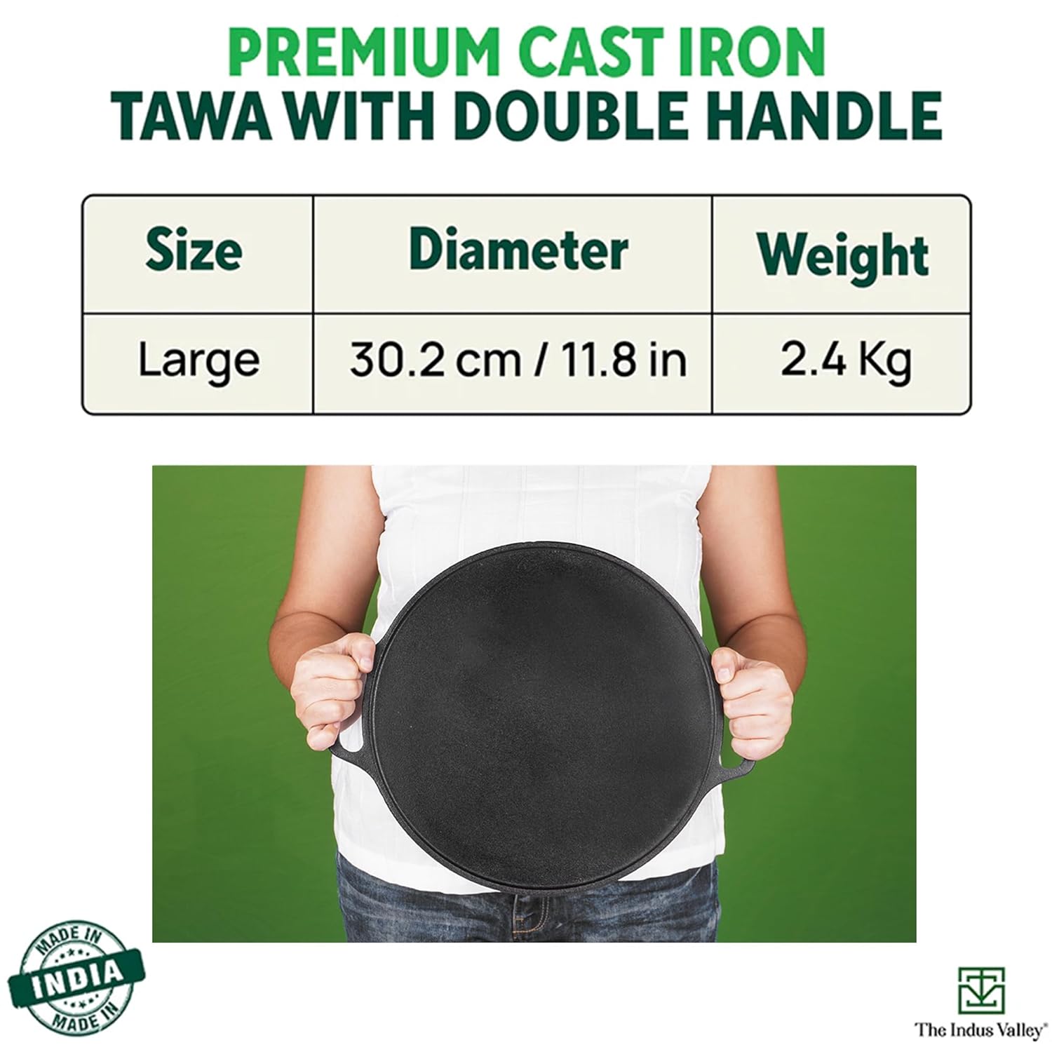 INDUS  VALLEY TA-018 CAST IRON TAWA 12 INCH DOUBLE HANDLE