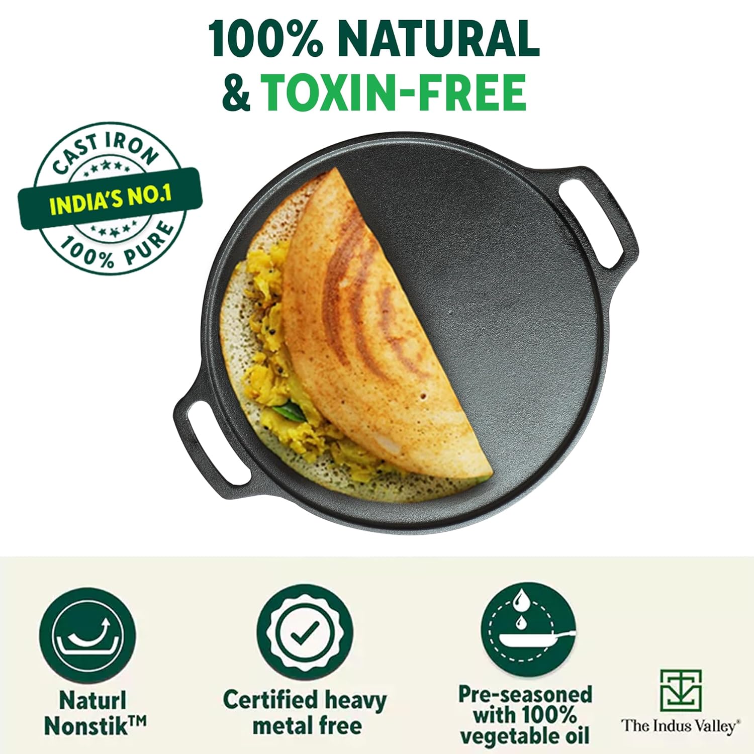 INDUS  VALLEY TA-018 CAST IRON TAWA 12 INCH DOUBLE HANDLE