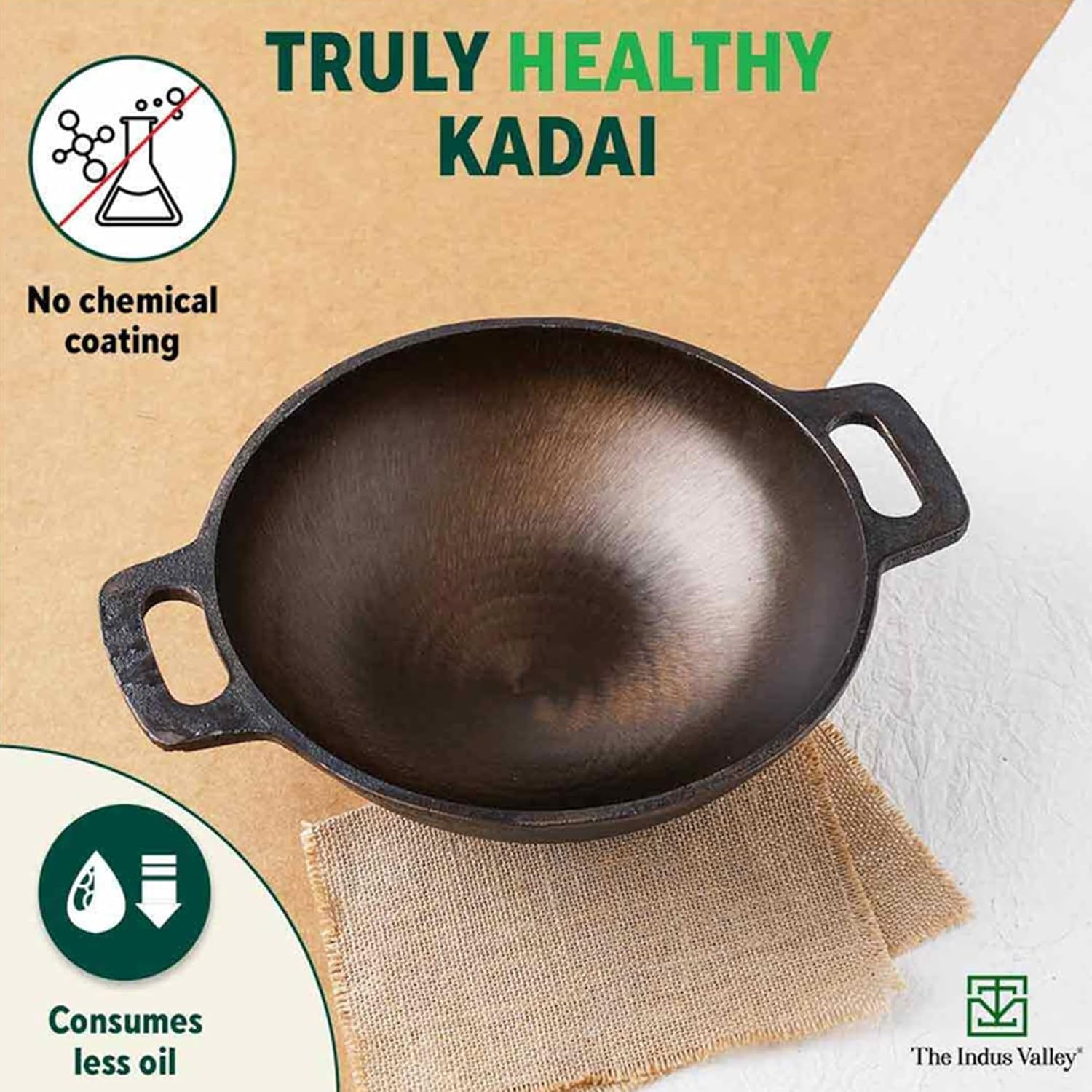 INDUS VALLEY KA-008 CAST IRON SMOOTH KADAI 10 INCH